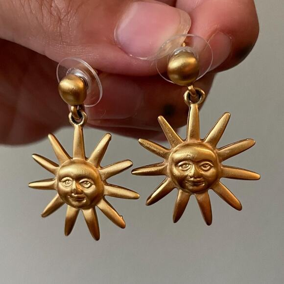 Vintage Anne Klein Sun Face Gold Dangle Earring 90s - Picture 1 of 6